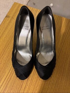 Stuart Weitzman Black Satin Cross-Front Peep-Toe Pumps